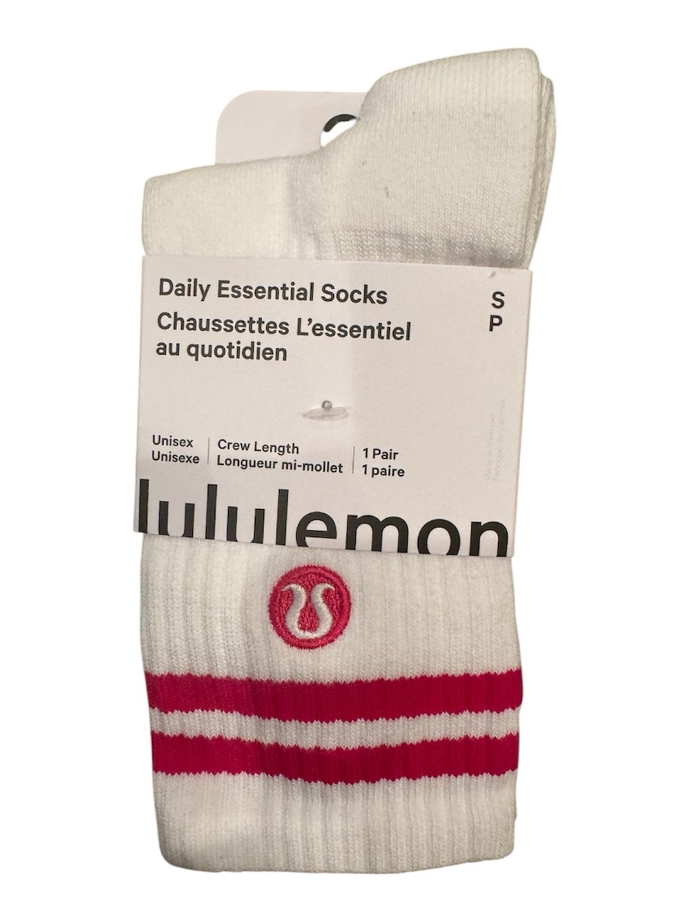 Lululemon Daily Essential Crew Socks - White with Pink Stripes Size Small NWT